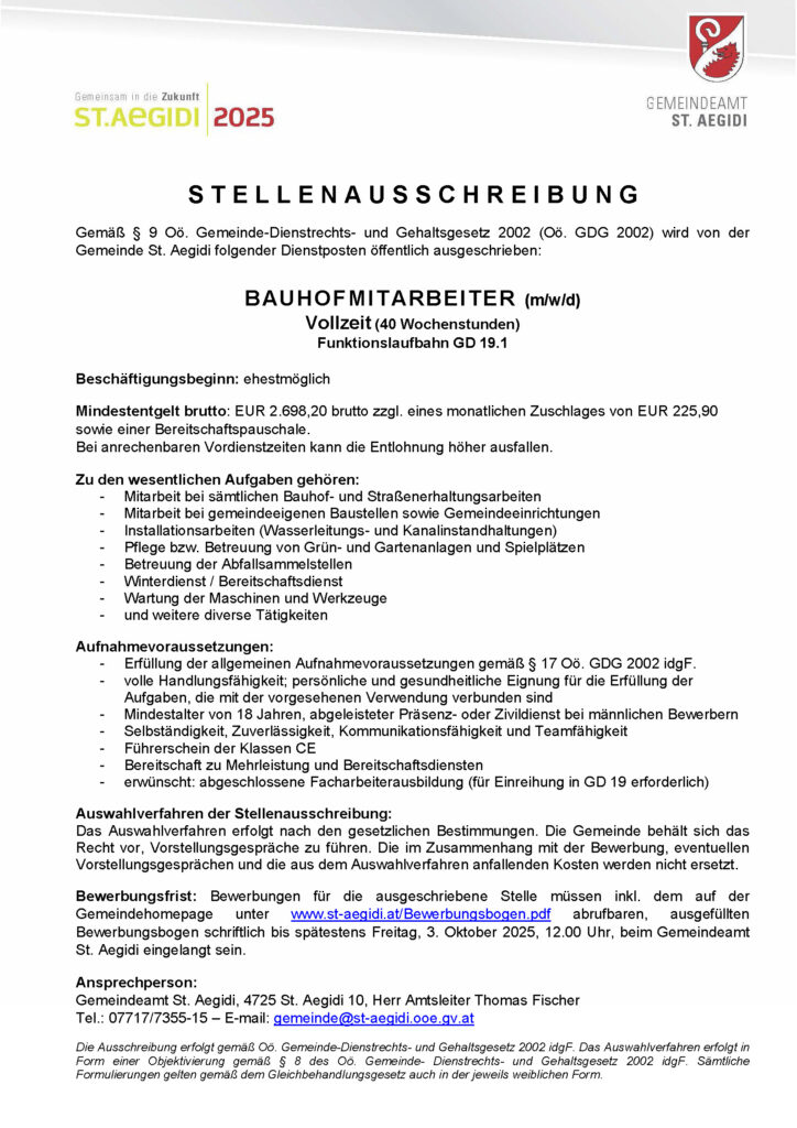 Stellenausschreibung Bauhofmitarbeiter 2025